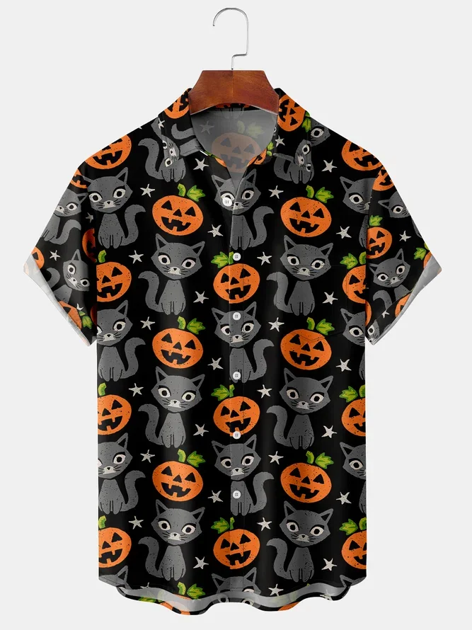 New Men Halloween Pumpkin And Cats Print Black Shirt Cartoon Style Summer Casual Button Up Shirts Short Sleeve