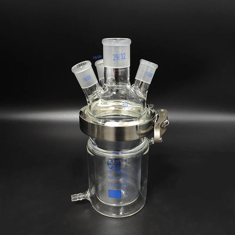 Double-layer cylindrical flat bottom open reactor bottle 500ml,100mm flange,With clip,Four oblique necks,Mid 29/32,Side 19/26