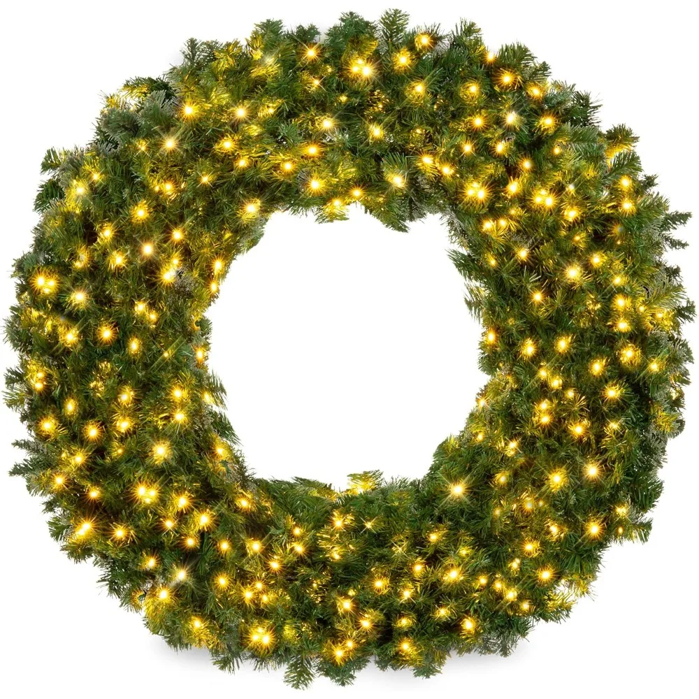 

48in Large Artificial Pre-Lit Fir Christmas Wreath Holiday Accent Decoration w/ 200 LED Lights, 714 PVC Tip