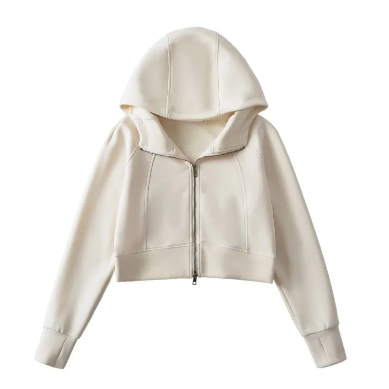 American Style Air Layer Cropped Hooded Zip Up Jacket Women Loose Sports Stitching Sweatshirt Cardigan Casual Outfit S XL