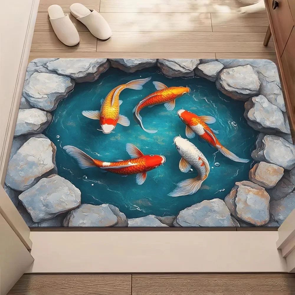 3D Koi Fish Pond Doormat - Realistic Swimming Carp Floor Mat, Nature Entry Rug, Non-Slip, Multiple Sizes