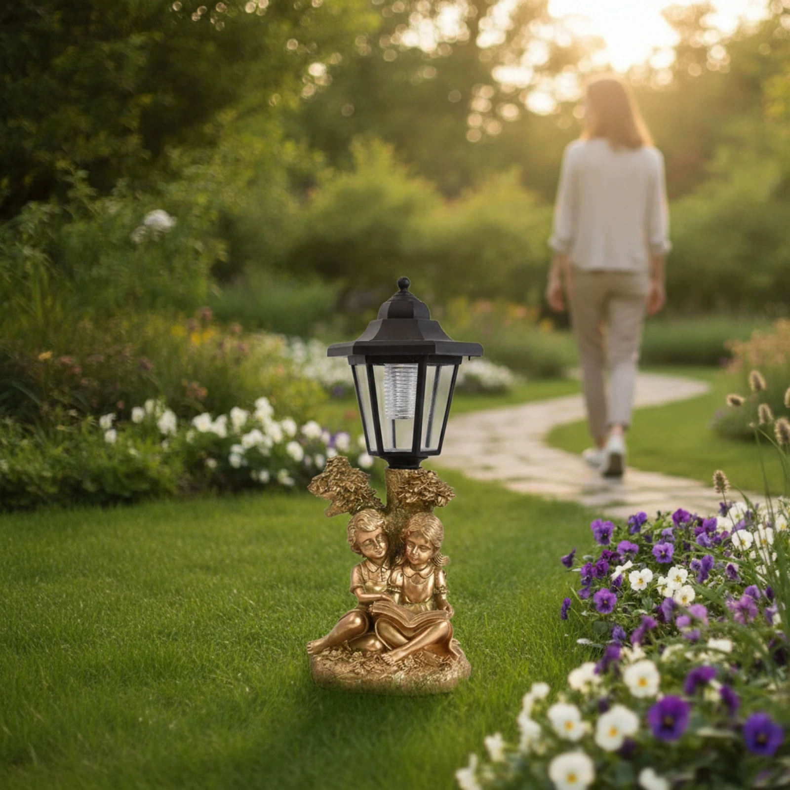Solar Statue with Lantern Freestanding Solar Garden Light Garden Ornament with Light Whimsical for Gardeners, Patio, Yard view 5