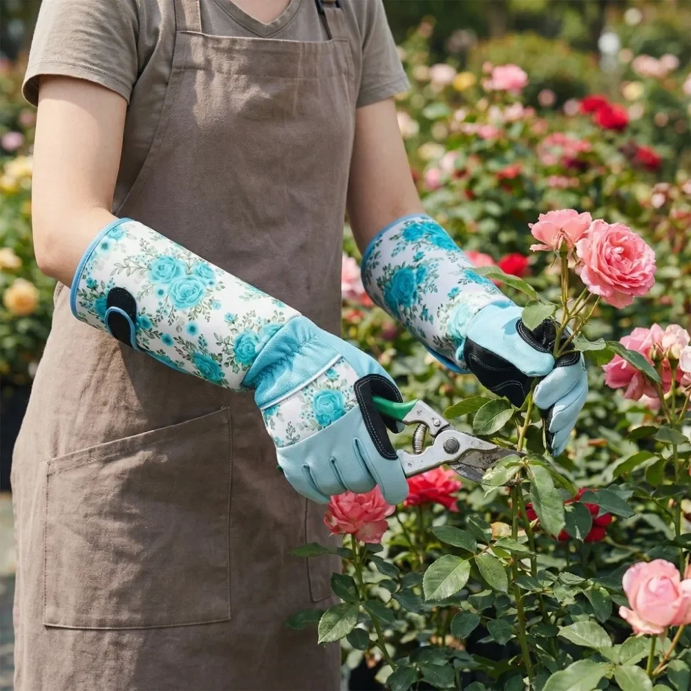 

1 пара прочных длинных садовых перчаток из воловьей кожи с защитой от проколов и защитой предплечья, для обрезки роз, с удлиненной конструкцией до локтя