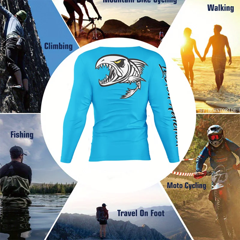 Men\'s outdoor fishing round neck long-sleeved T-shirt, sailfish, piranha pattern printing cycling quick-drying shirt