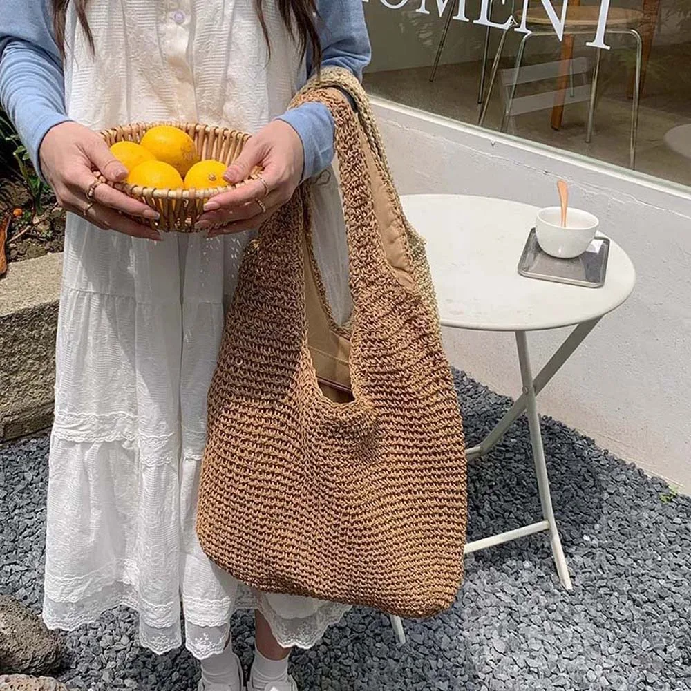 

Solid Color Sweet Woven Tote Bag Breathable Large Capacity Shopping Straw Bag Beige Hollow Out Summer Beach Handbag Spring