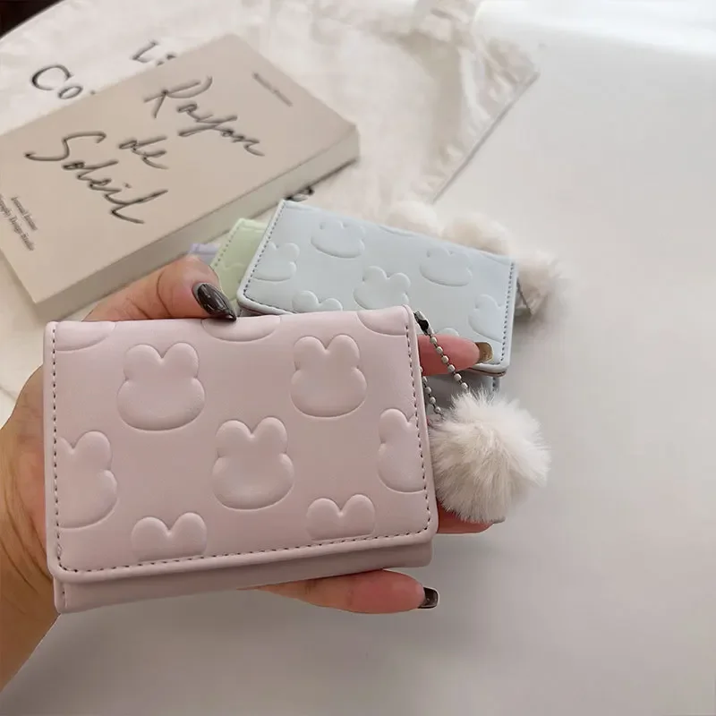 2024 Korean Version New Fresh and Cute Rabbit Print Niche Design Wool Ball Pendant Folding Short Student Portable Wallets Purse