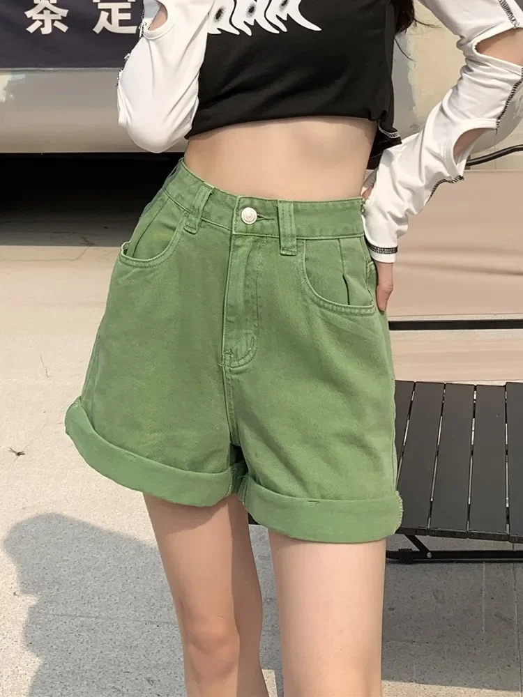 Green Shorts Feminina Summer Casual Loose Vintage  Jeans Shorts Women Streetwear High Waisted Wide Leg Denim Shorts