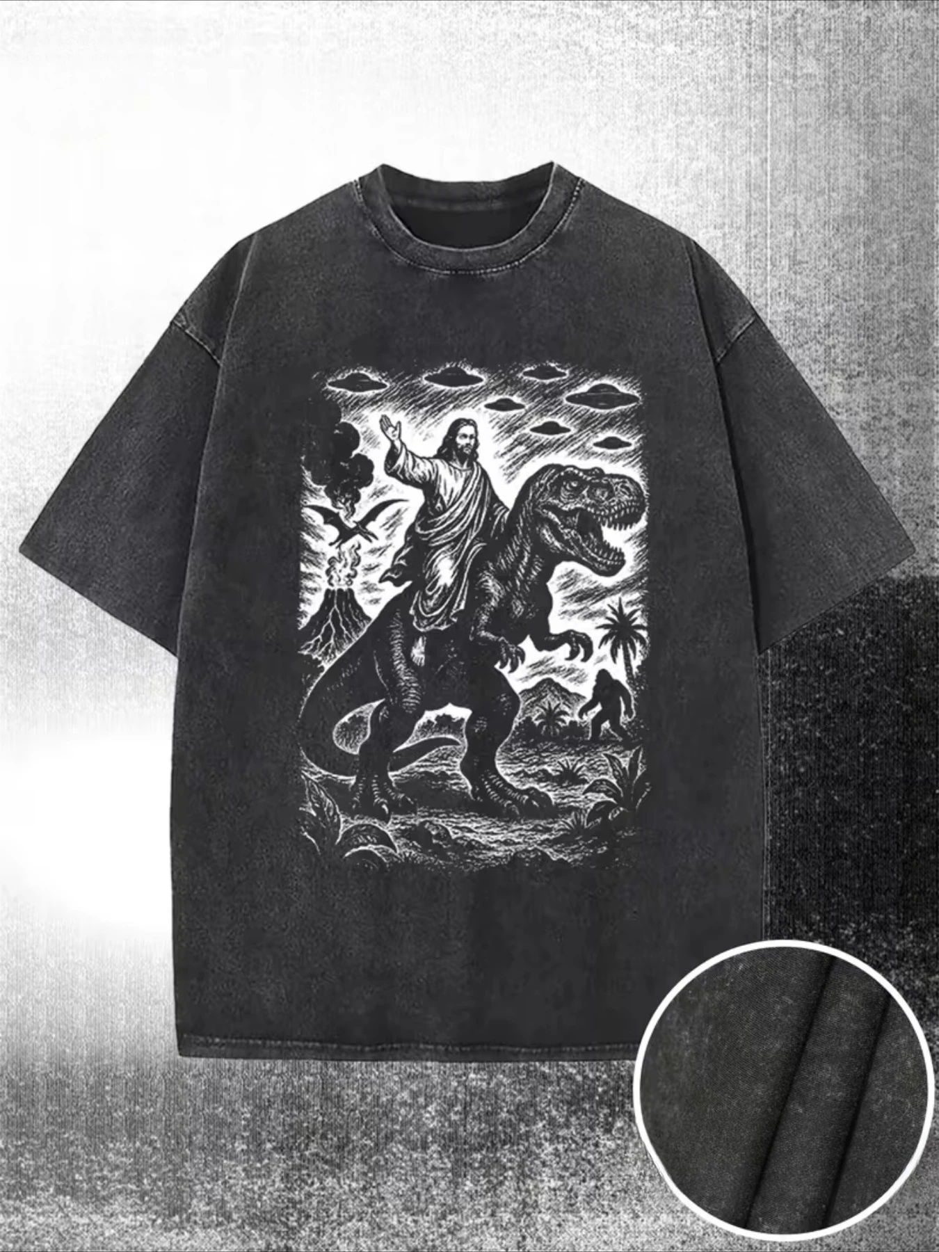 Men'S 230G Washed T-Shirt Riding A Dinosaur Print, Machine Washable, Has A Certain Thickness Suitable for Summer T-Shirts