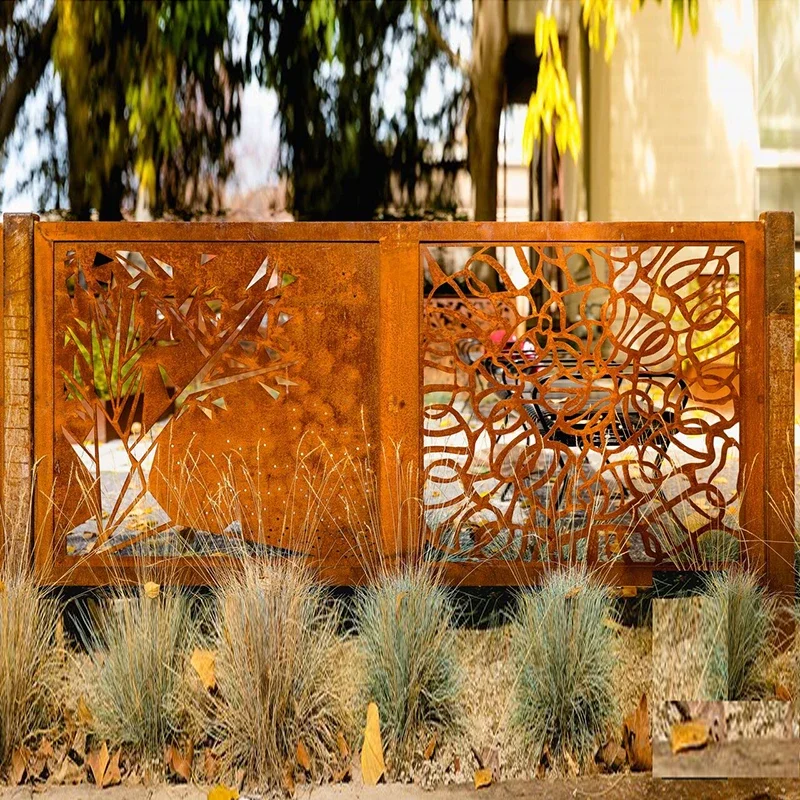 Customized backyard decoration privacy art metal screen panel weathering steel laser cut garden screen, corten steel screen