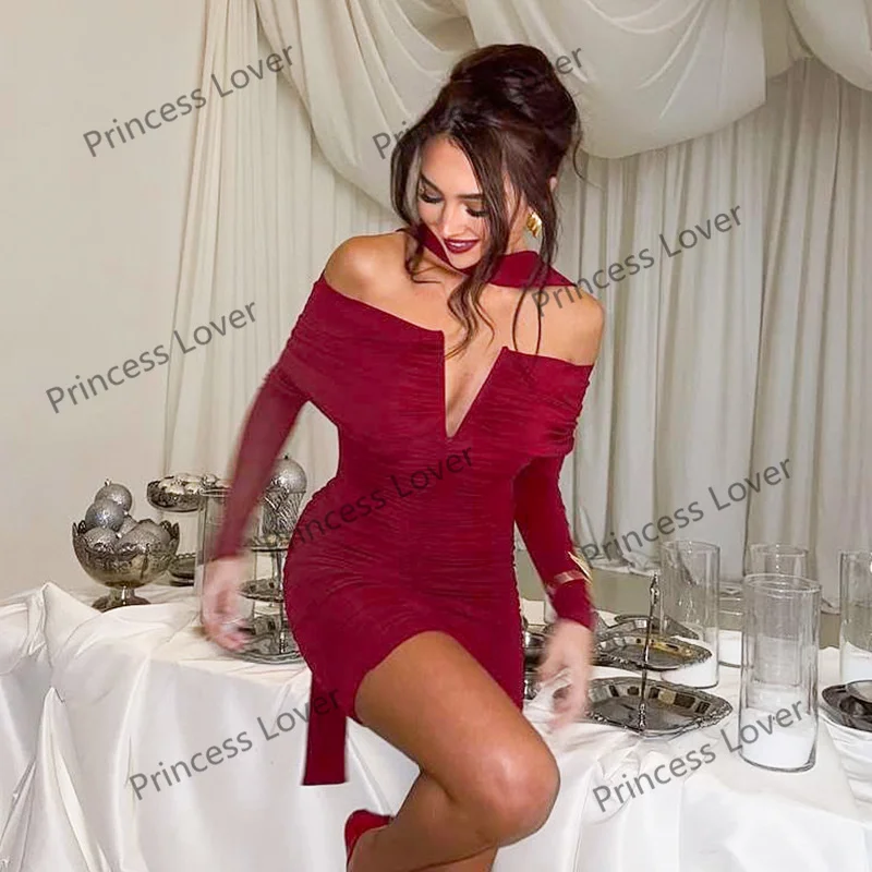فساتين سهرة باللون الأحمر الداكن للنساء بأكمام طويلة لحفلات الزفاف فستان أنيق بطيات فستان حفلات مكشوف الكتفين لحفلات الكوكتيل #2
