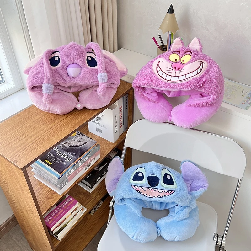 Cute Stitch Angel U-shaped Hooded Pillow Lovely Stuffed Anime Cartoon Neck Pillow Nap Travel Japanese Style Neck Pillow