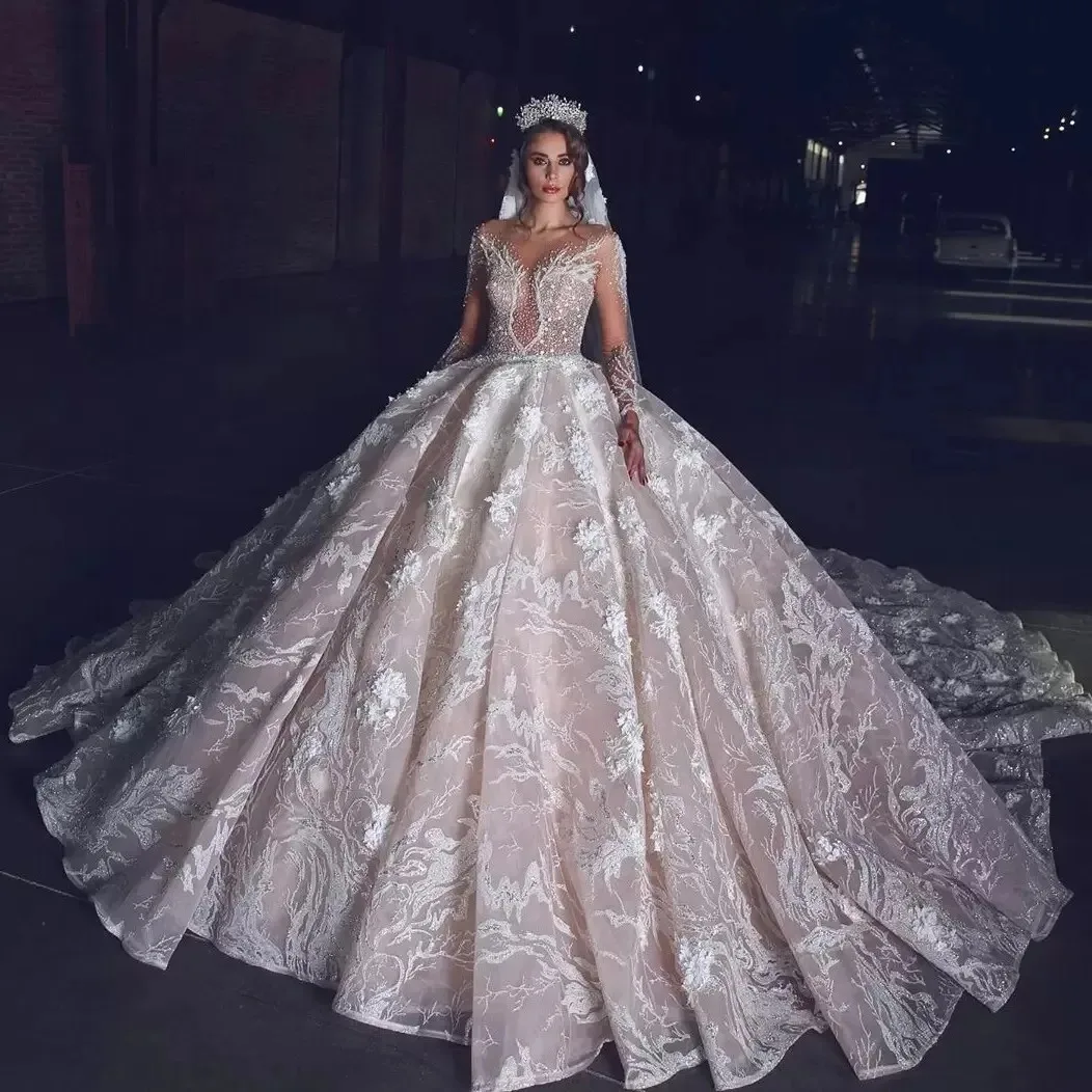 Custom New Princess Wedding Dresses Off Shoulder Long Sleeves Lace Appliqued Beads Bridal Gowns Sweep Train Vestido de novia