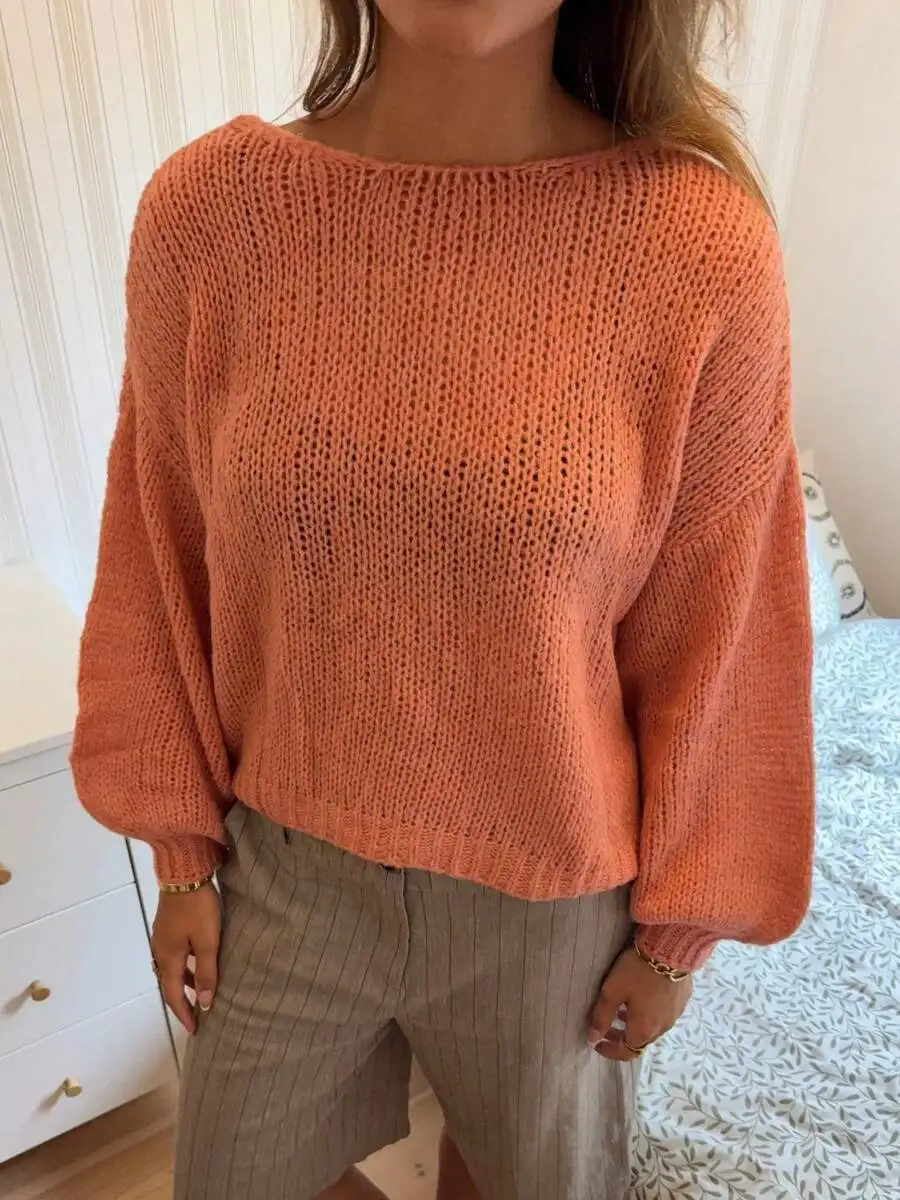 

Womens Orange Chunky Knit Sweater Round Neck Long Sleeve Casual Pullover