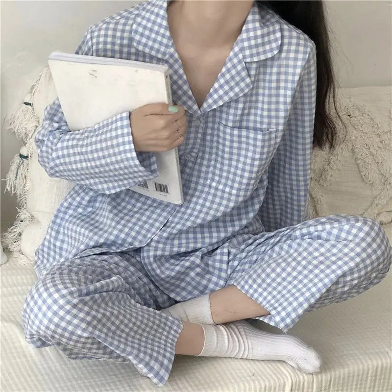 Plaid Sleepwear Women Pajama Sets Korean Piiama Autumn Pants Sets for Women 2 Pieces Button Night Wears Long Sleeve Home Suit