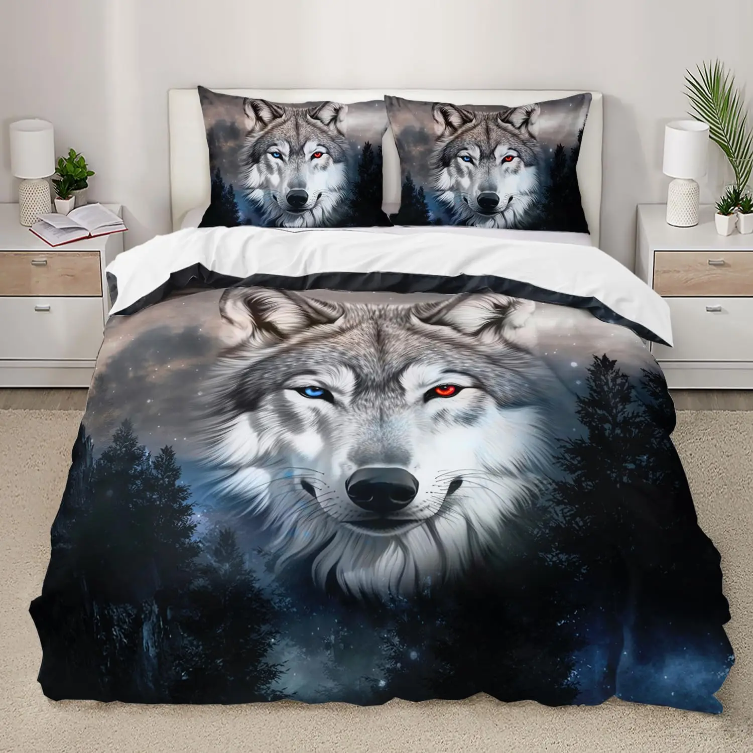 Snow Wolf Duvet Cover Set Full Queen Night Galaxy Starry Wolf Comforter Cover Wild Animals Wolf Themed Bedding Set 2/3 Pieces - view 2