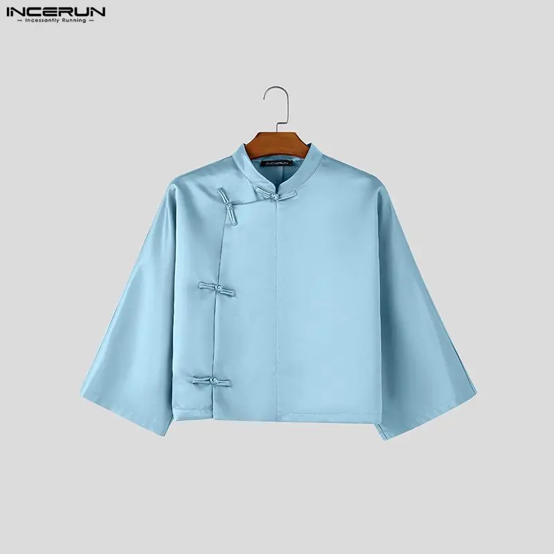 

INCERUN Men Shirt Solid Color Stand Collar 3/4 Sleeve Male Tops Streetwear Vintage Loose Chinese Style Casual Men Clothing S-5XL