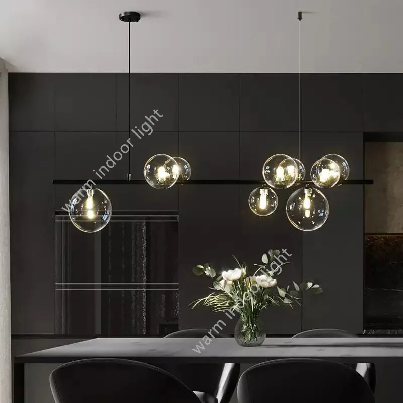 Modern Black Chandelier For Dining Room Kitchen Bedroom Clear Glass Ball Hanging Pendant Lamp Nordic Design Indoor Deco Light