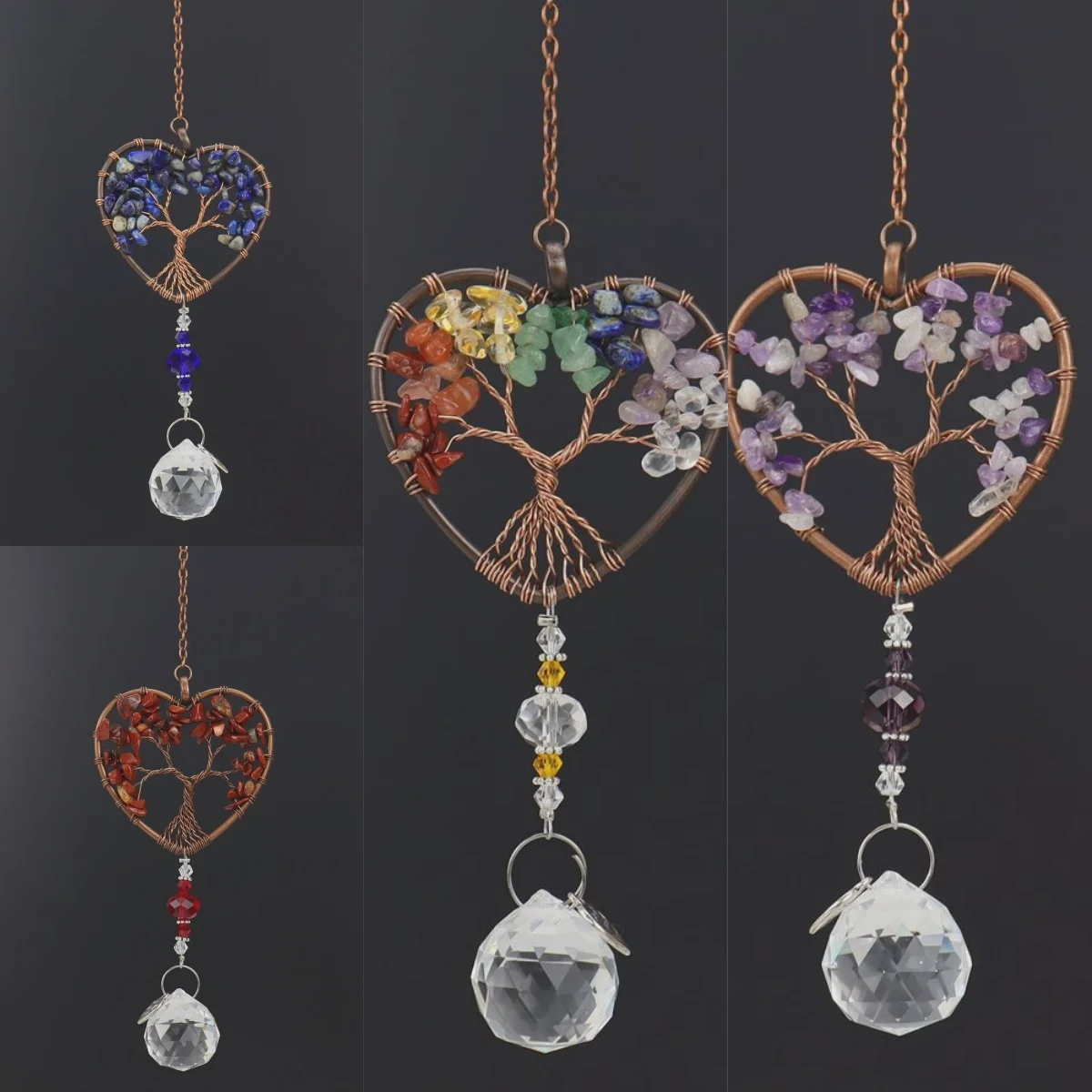 3PCS Crystal Light Catcher Tree of Life Crystal Ornament Rainbow Maker Crystal Prism Chakra Pendant Window Home Garden Decor