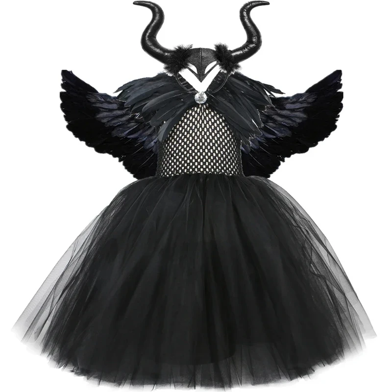 

Black Girls Evil Queen Tutu Dress Devil Witch Cosplay Halloween Costume For Kids Fancy Carnival Clothes With Horns Feathers Wing
