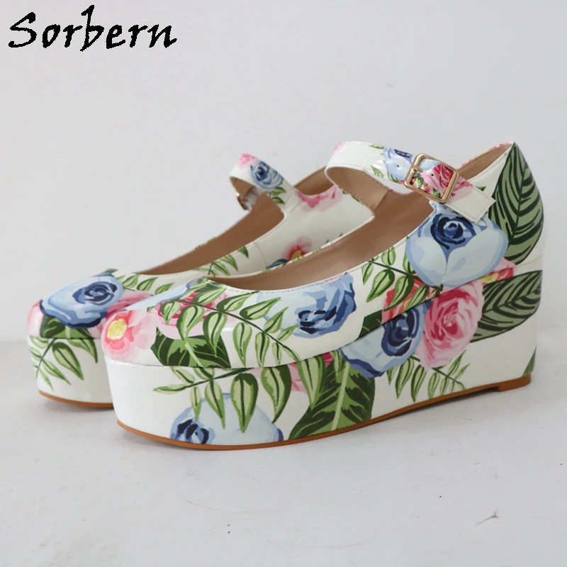 

Sorbern 9cm Mary Jane Women Pumps Shoes Round Toe Wedge Heel Size EU46 Visible Platform Flower Print Large Size 33-48