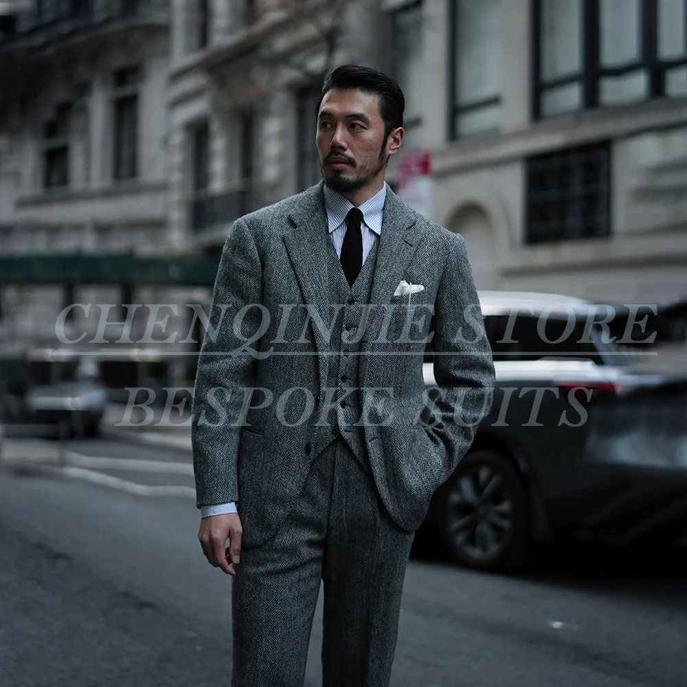 

Luxury Tweed Men's Suits Elegant Smart Casual Business 3 Piece Jacket Pants Vest Customzied Single Breasted Male Clothing