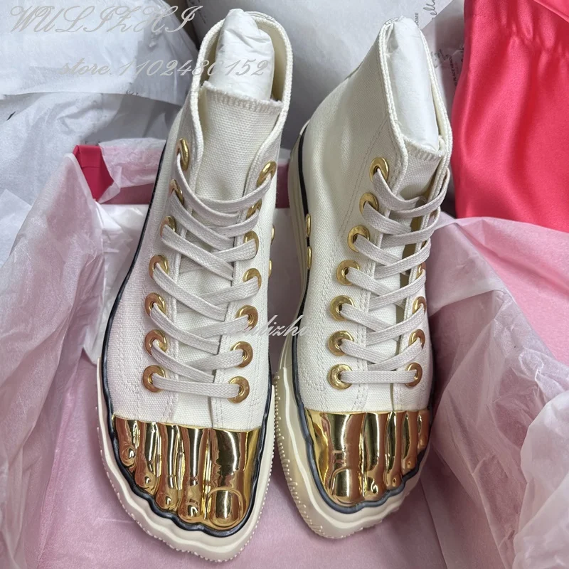 Gold Metal Glossy Five Finger Sneakers Women Lace Up Flats Sports Patchwork Casual Buckle Office Lady Design Catwalk Spring Shoe