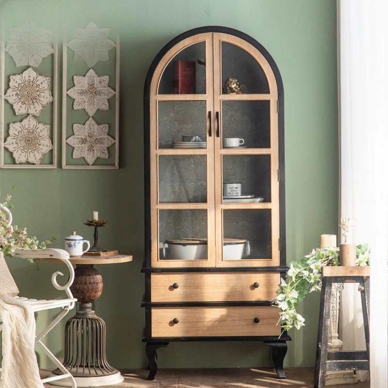 خزانة غرفة الطعام المصنوعة من الخشب الصلب باللون الأسود، خزانة المطبخ المنزلية، خزانة النبيذ المزخرفة لغرفة المعيشة