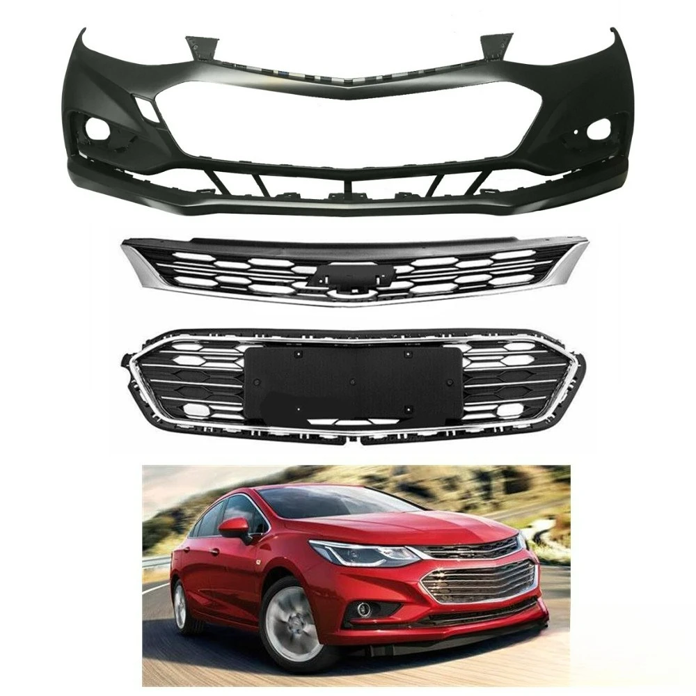 Front Bumper Cover & Front Upper and Lower Grille For 2016 2017 2018 Chevy Cruze
