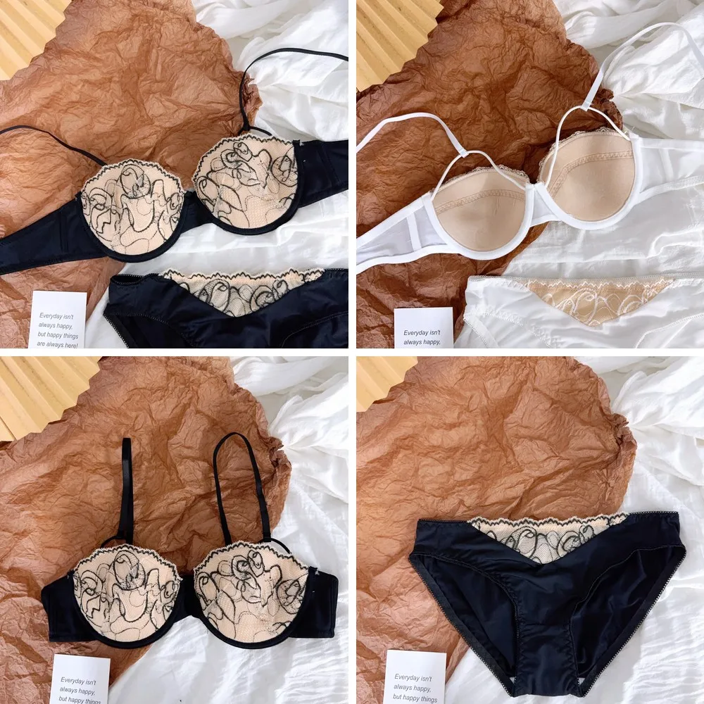 

Retro Lace Underwear Set for Women, Soft Steel Ring Bra with Summer Thin Design for Large Breasts
