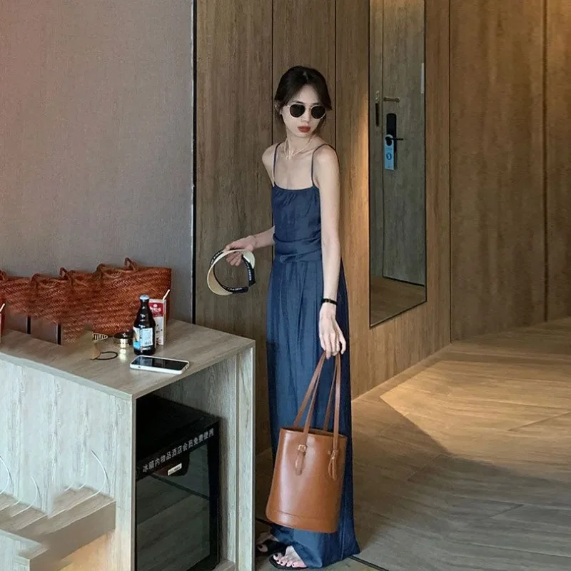 Shpmishal Korean Fashion Denim Camisole Jumpsuit 2024 Women's Summer Thin and High-end Goddess Style Wide Leg Workwear Jumpsuits