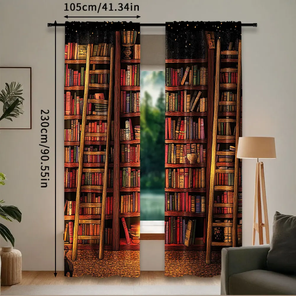 2Pcs Bookshelf Curtains Vintage Books Library Bookcase Print Bookshelf Room Decor Curtains Window Drapes For Living Room Bedroom
