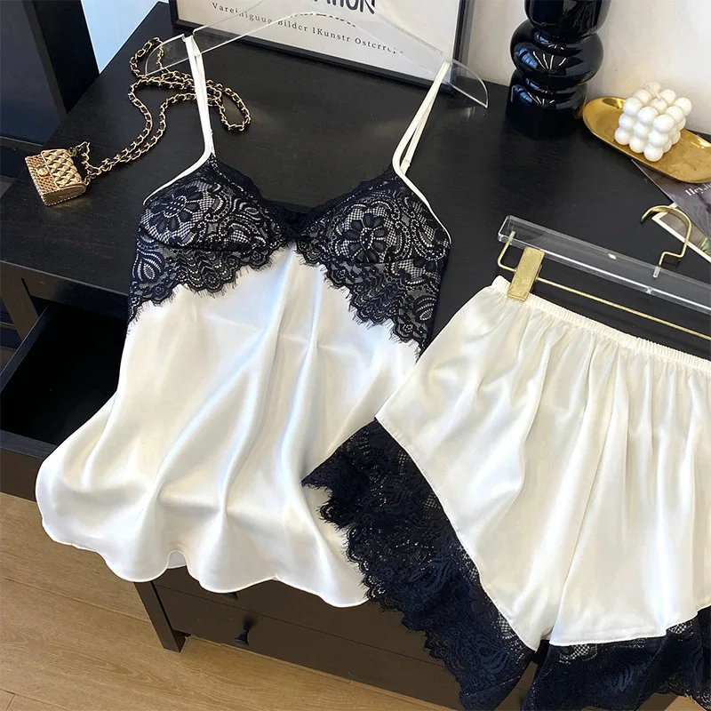 

Sexy Pajamas Set Women Strap Camisole&Short Pyjamas Sleep Suit Summer Satin Nightwear V-Neck Sleepwear PJS Home Clothes