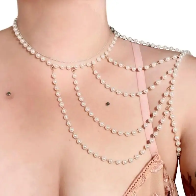 

B95F Multi Strand Pearls Shoulder Necklace Ladies Body Chain Jewelry for Daily Wear