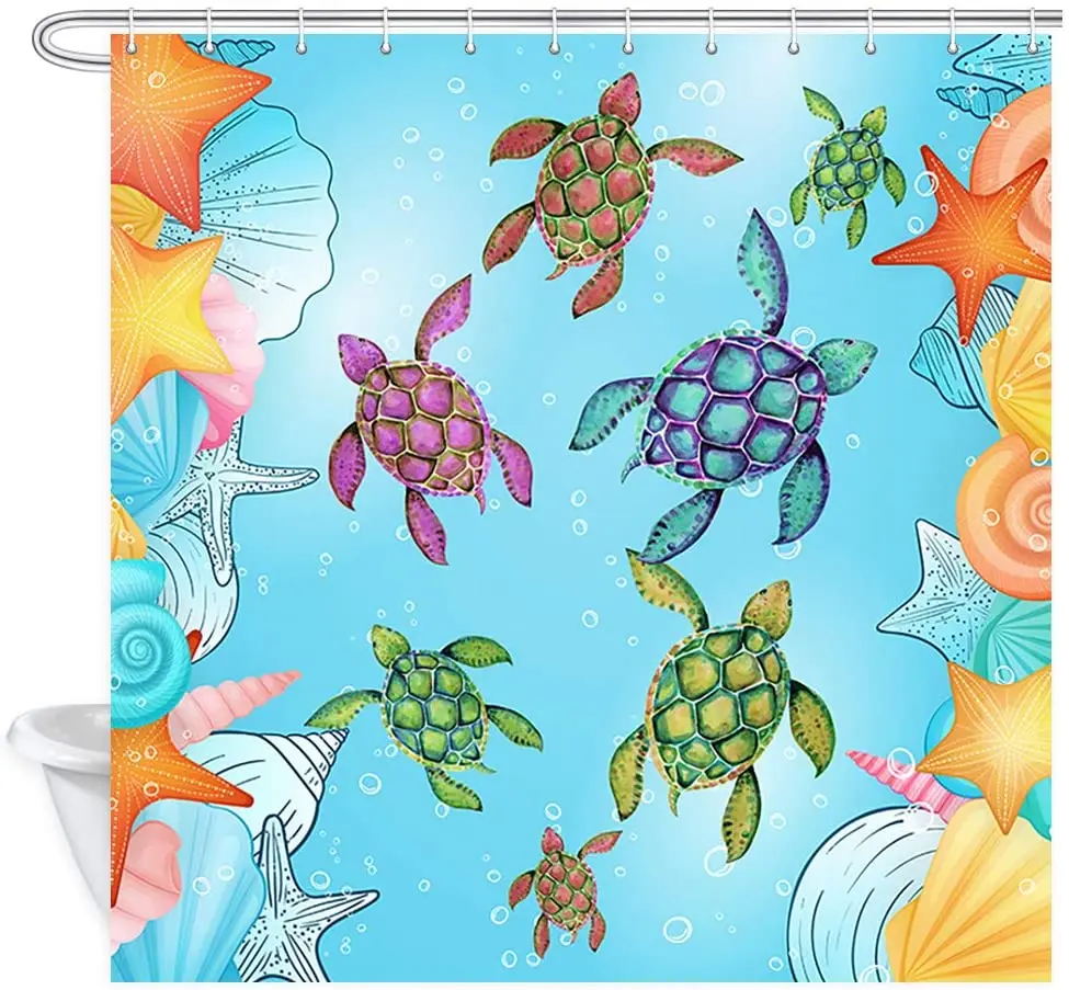 Sea Turtle Shower Curtain Ocean Color Cartoon Sea Turtle Starfish Shell Polyester Fabric Bath Bathroom Curtains with Hooks