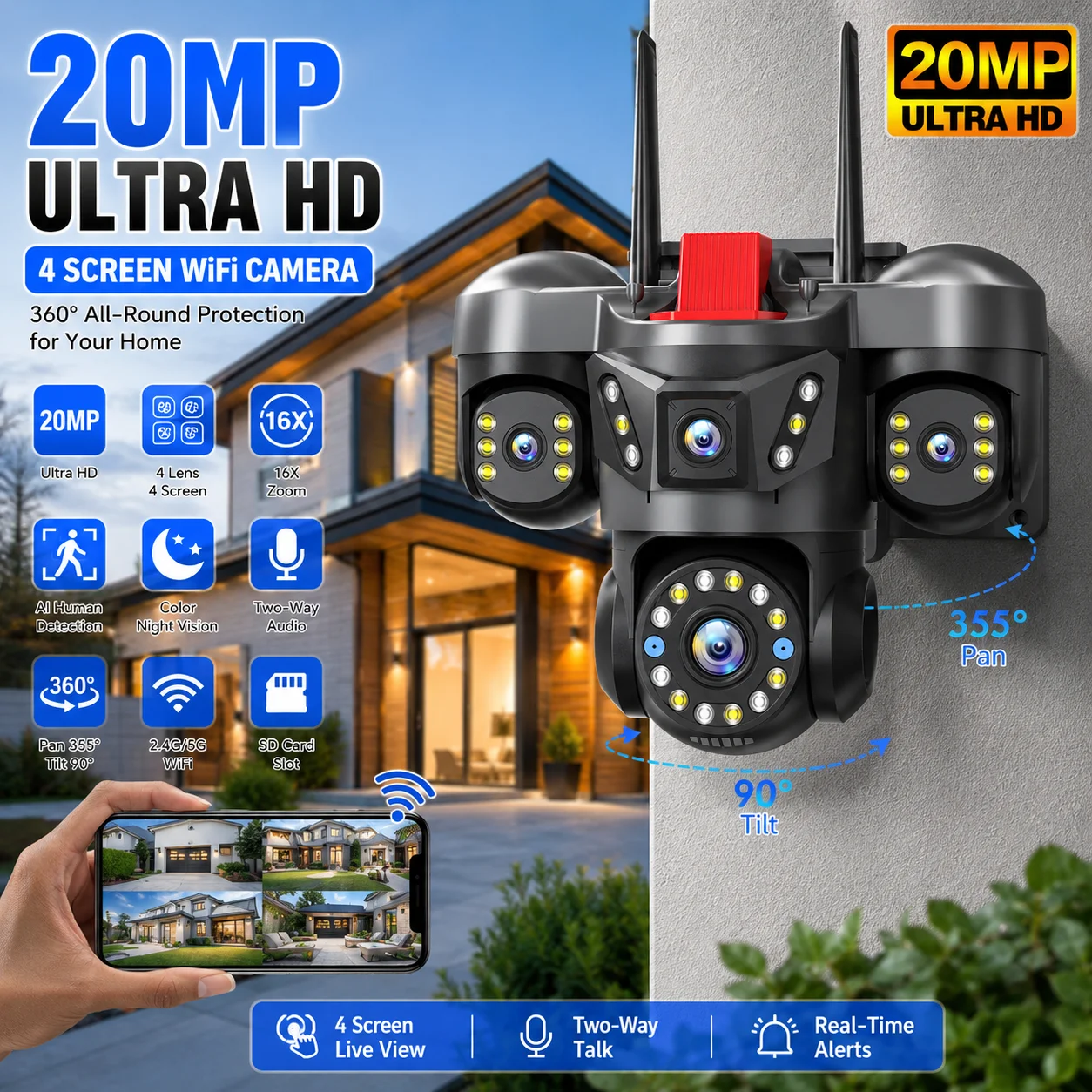 4-Lens 4-Screen PTZ Security Camera - 10K 20MP Outdoor WiFi IP Cam with 16X Zoom & 360° View, Auto Tracking CCTV Surveillance