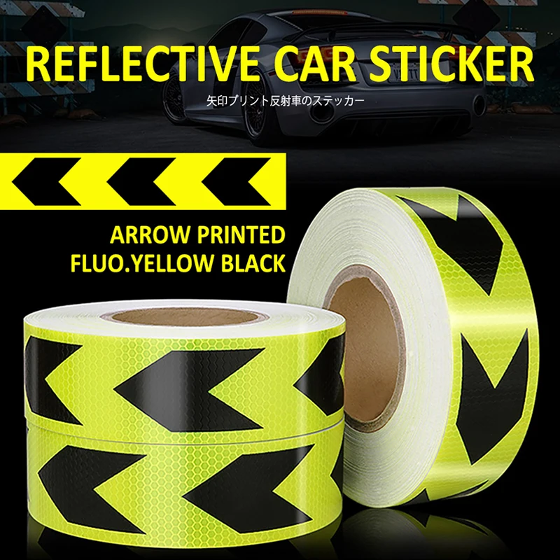 VOOFENG pegatina reflectante Fluo para coche, cinta reflectante microprismática impresa con flecha negra y amarilla para advertencia de seguridad vial