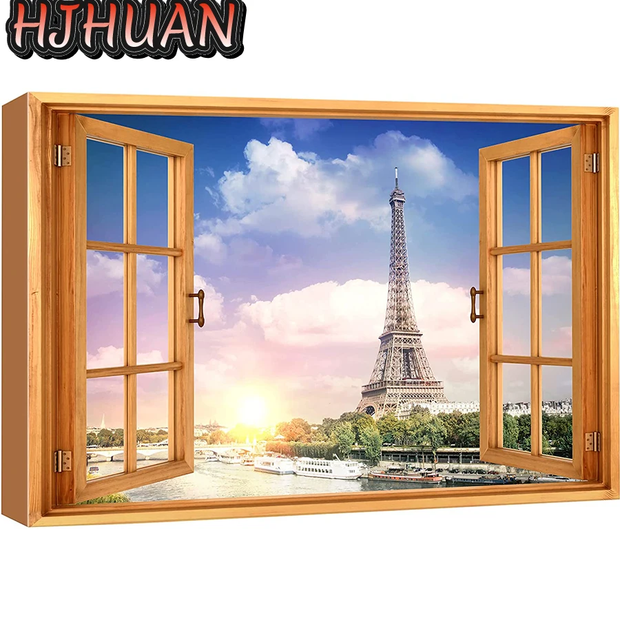 Diy False windows, cityscape of city buildings, Eiffel tower Diamond Painting Full Round Square Drill Home Decor Birthday Gift