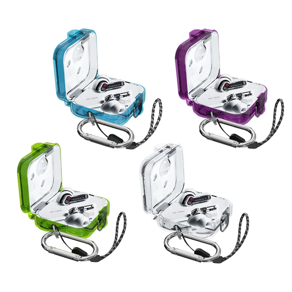 PC Protective Cover Clear Candy Color Earphone Sleeve With Lanyard Hook On-off Snap Waterproof Fall-protection for Nothing Ear 2