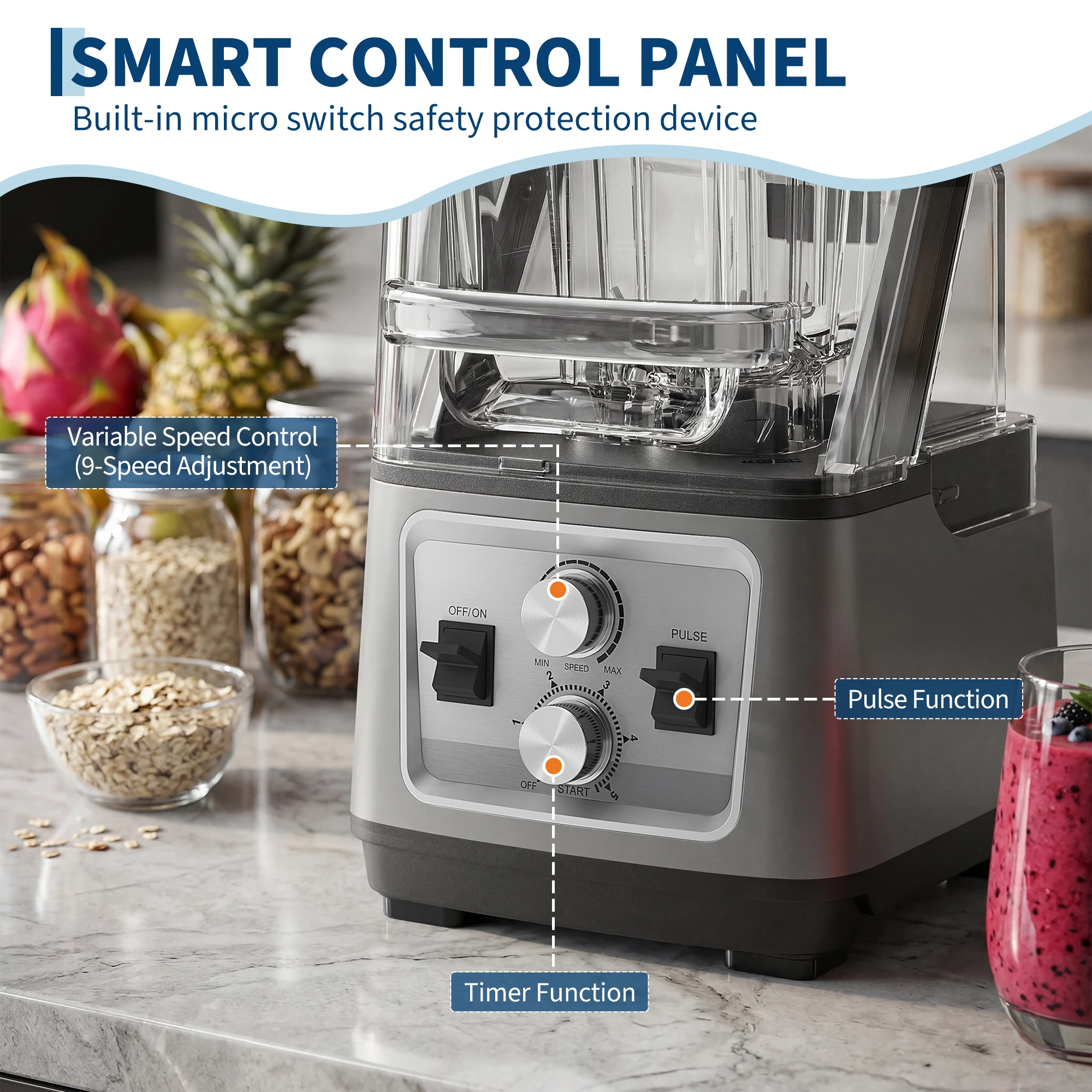 68oz Commercial Blender with Quiet Shield, 1400W Motor Max 2200W, 9-Speed Control, Pulse & Timer Function, 300ml Travel Bottle Included, for Juices, Smoothies, Milkshakes and Coffee