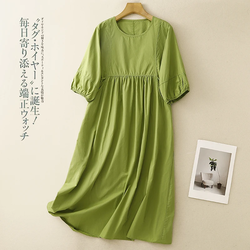 Robe longue en coton et lin pour femmes, couleur unie, ample, col rond, manches courtes, confortable, décontractée, Simple, amincissante, grande taille, été, N754