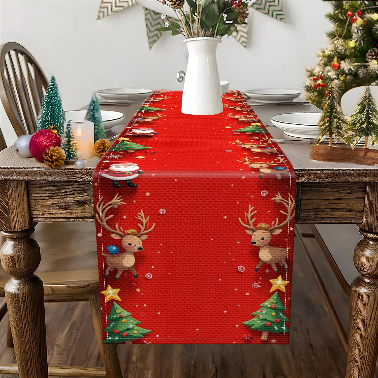 1Pc Christmas Themed Table Runner with Reindeer, Christmas Tree, Santa Claus Pattern, Suitable for Christmas Party, Holiday Home Decoration Scene.
