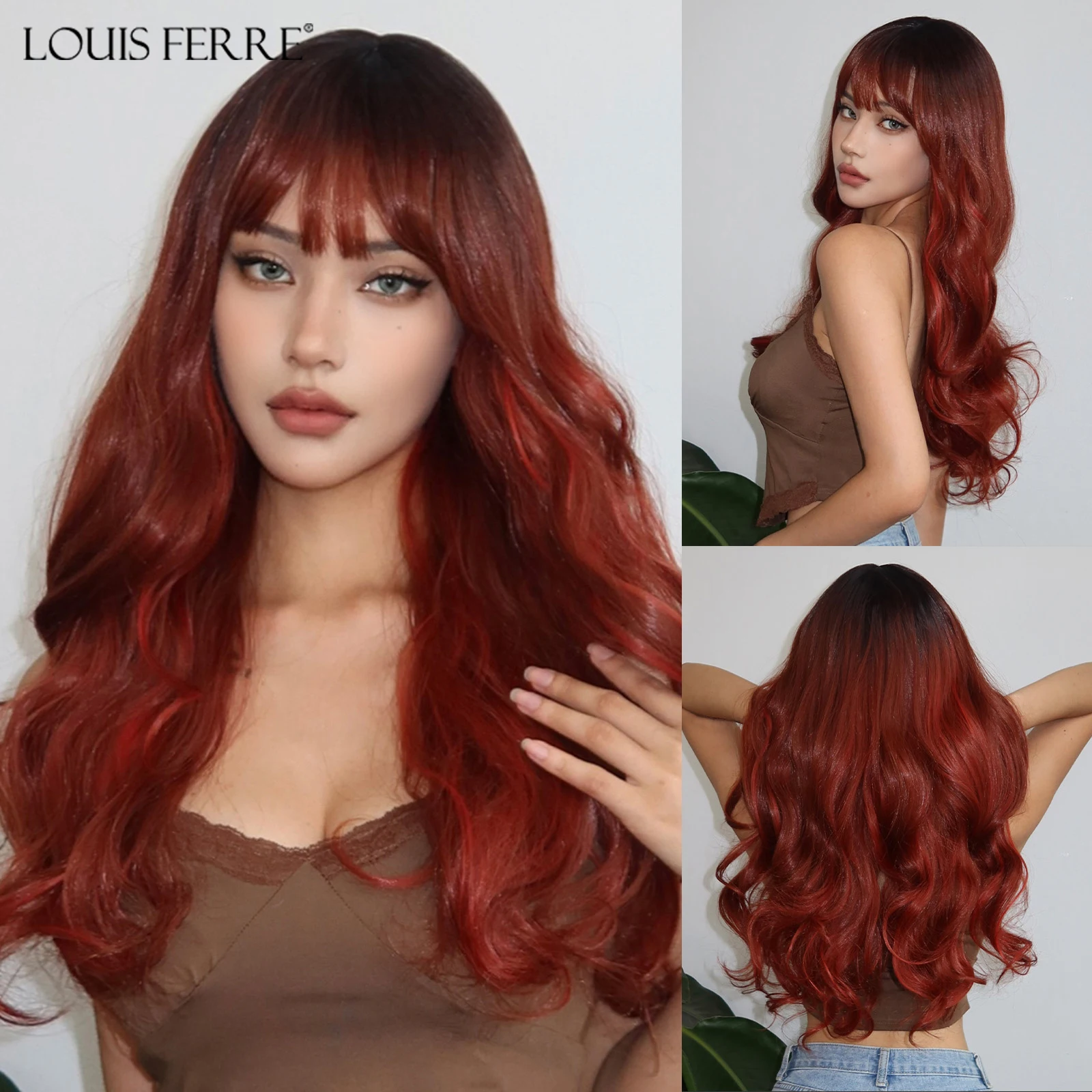 LOUIS FERRE Ombre Brown to Red Brown Wavy Hair Long Natural Wave Copper Ginger Synthetic Wigs for Women Heat Resistant Fiber Wig