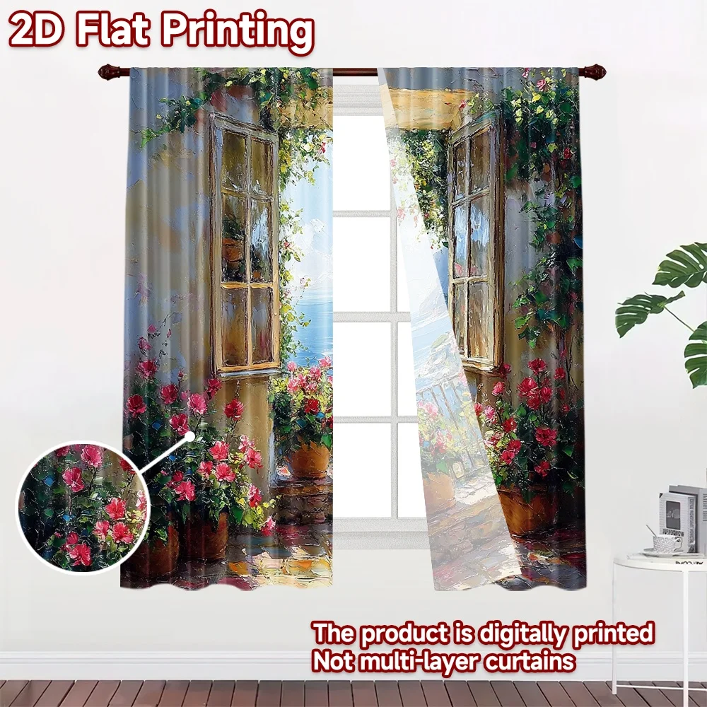 2D flat 2pcs Curtain French Romantic Style Open Sea View Digitally printed polyester Family Party Decoration for Booths Studio