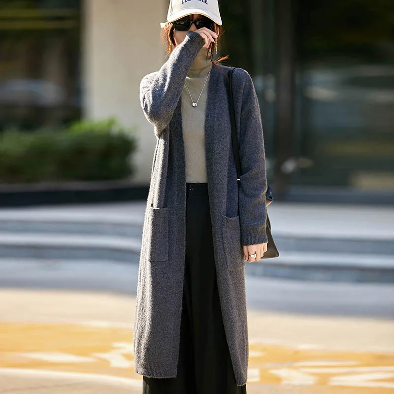 

Hot Selling Autumn And Winter New 100% Wool Cardigan Women's V-neck Solid Color Fashionable Long Style Women's Loose And YYY2563