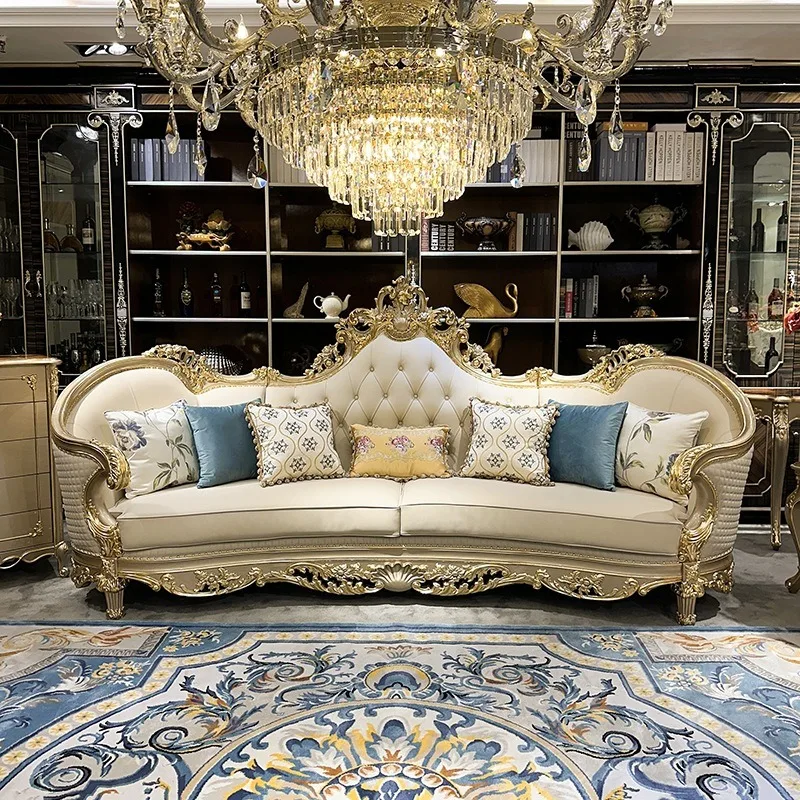 French Leather Sofa 1135 Combination, European Sofa Luxury Villa Living Room Solid Wood Champagne Curved Sofa