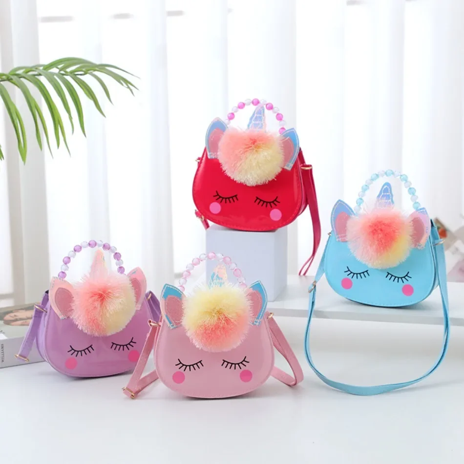 Cute Unicorn Fashion Handbag Girls Beaded Crossbody Bag Color One Shoulder Messenger Bag Children Anime Cartoon Mini Purse