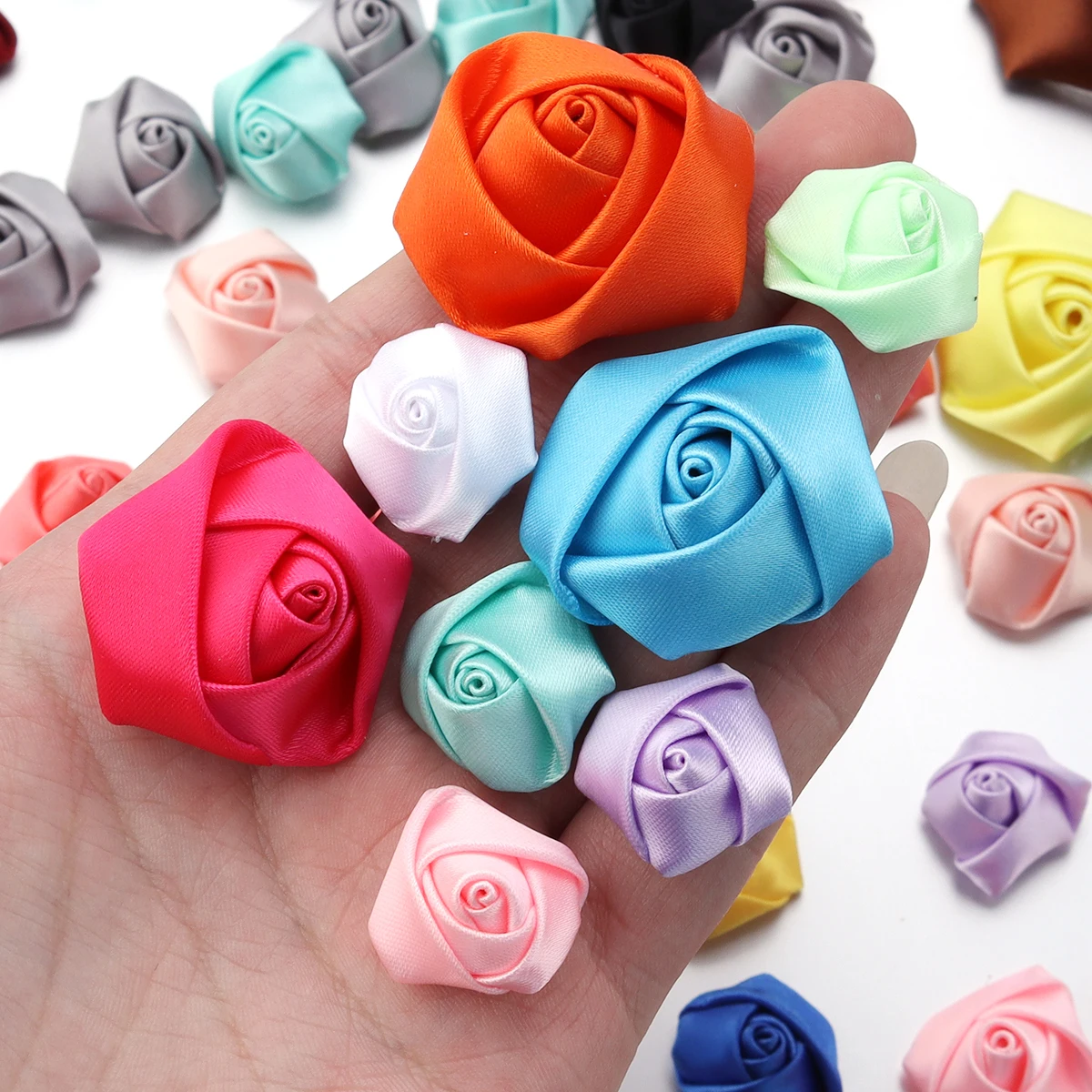 20pcs Satin Fabric Rose Flowers Colorful Handmade Satin Ribbon Flower Bud For DIY Wedding Party Clothing Headwear Decor Supplies