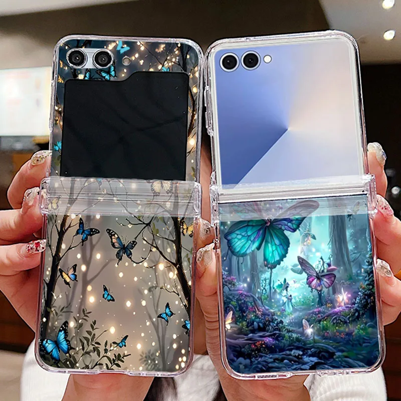 Verträumte Wald-Schmetterlings-Muster-Handyhülle für Samsung Galaxy Z Flip 7 FE 6 5 4 3 5G, faltbare PC-klare Abdeckung für Samsung Z Flip7