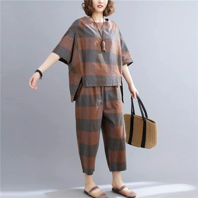

Комплекты хлопковых льняных брюк, художественные винтажные полосатые топы с короткими рукавами, повседневные брюки, свободные комплекты из двух предметов в корейском стиле, женская одежда
