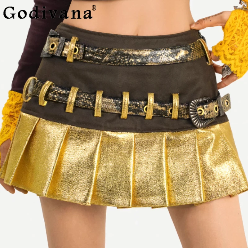 Spring Summer New Y2K Sexy Golden Splicing Retro A-line Pleated Skirt Personalized Women Fashion Versatile Street Short Skirts